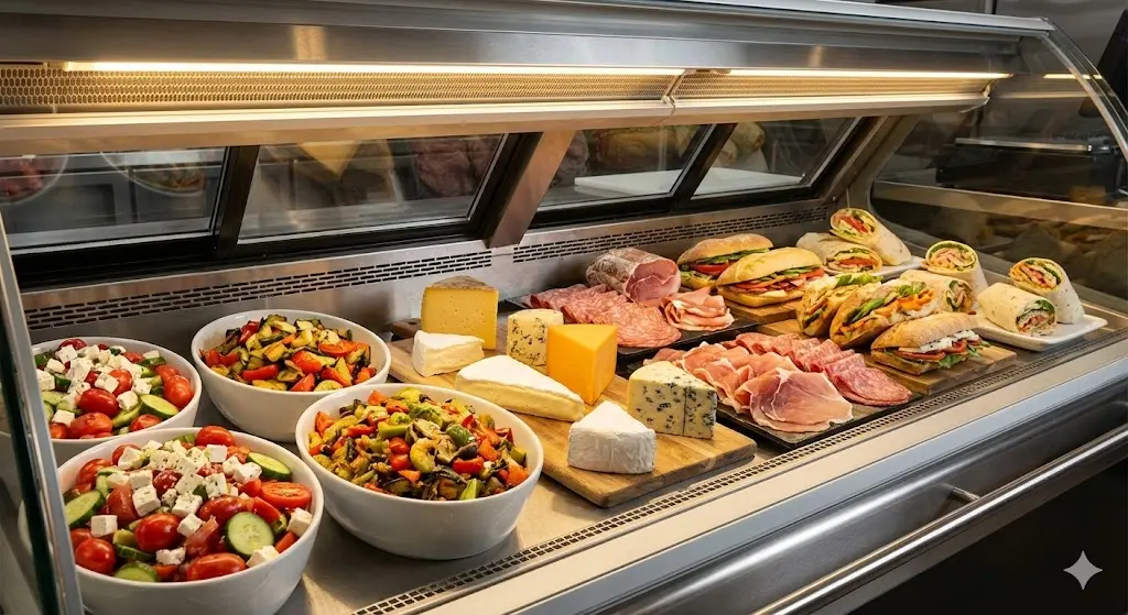 쇼케이스 내부의 신선 식품들이 고효율 LED 조명을 받아 선명하고 신선하게 빛나는 모습.