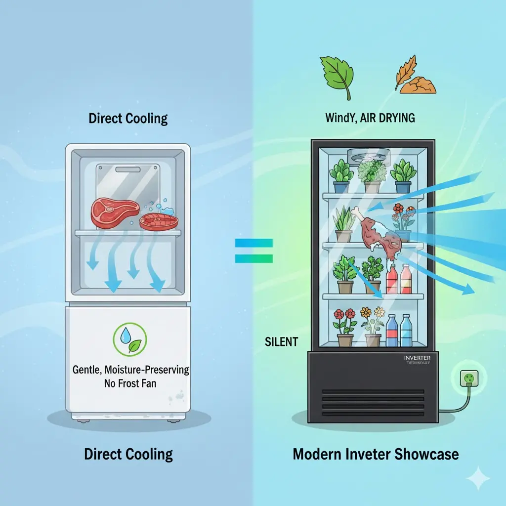 고기 수분을 지켜주는 직냉식과 수분을 뺏는 풍냉식 냉각 방식의 차이 비교 이미지