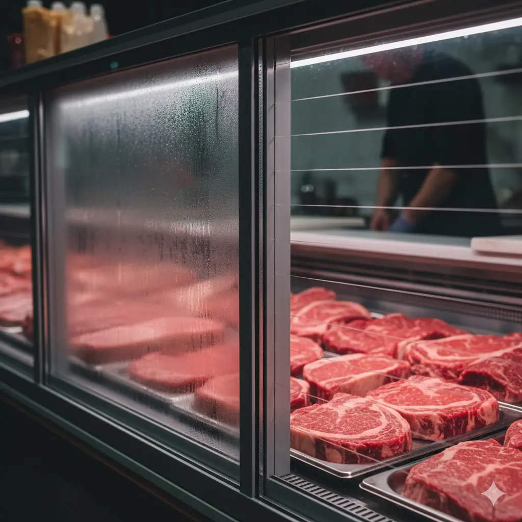 결로 방지 기술로 습한 날씨에도 투명하게 고기를 보여주는 이중 유리창 효과
