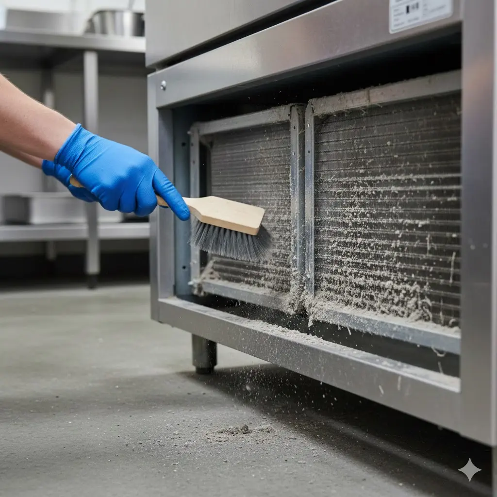 냉각 효율을 높이고 고장을 막기 위해 기계실 먼지를 청소하는 모습