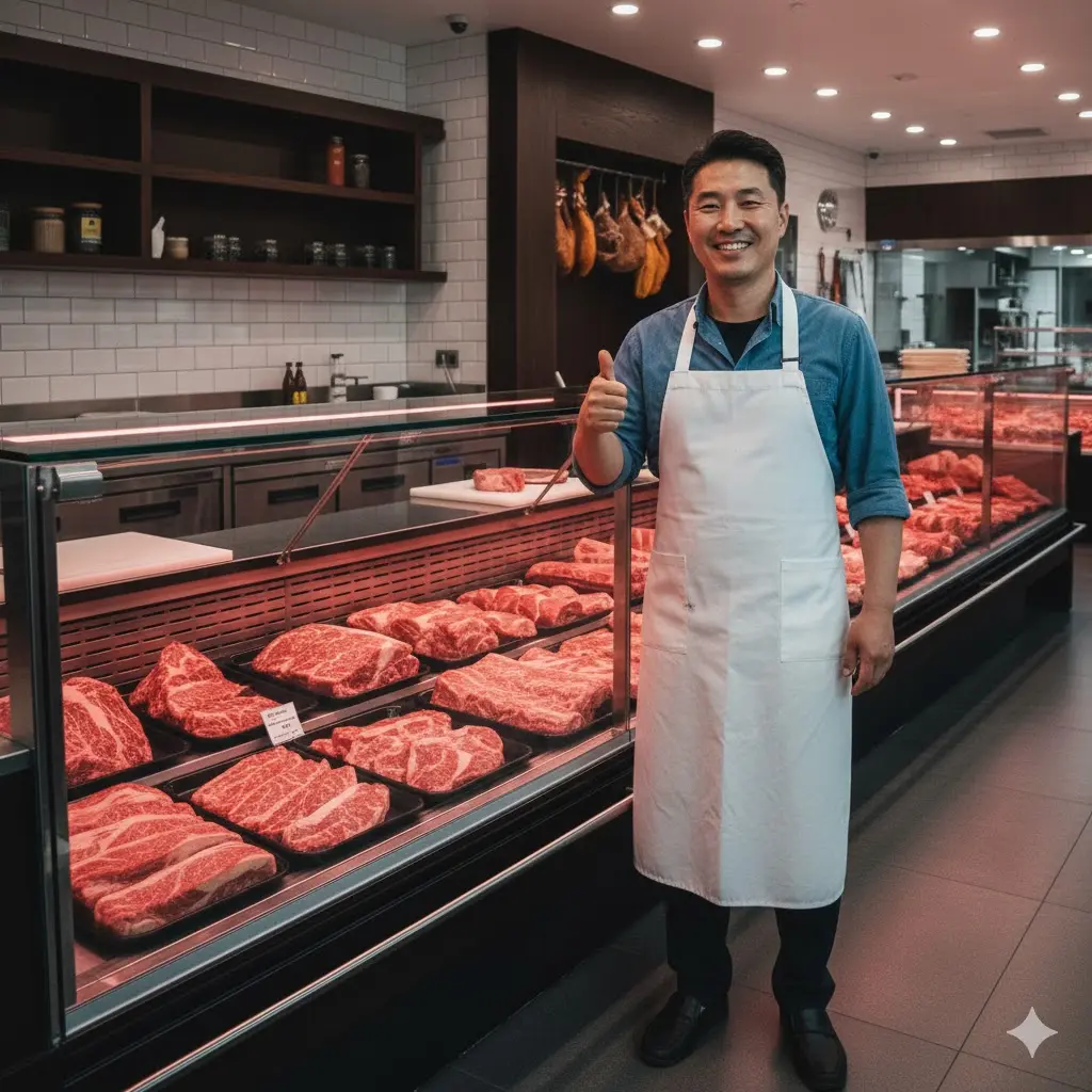 좋은 장비를 선택해 만족스러운 표정으로 손님을 맞이하는 정육점 사장님 모습