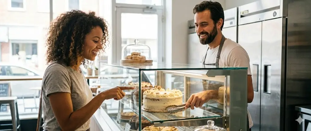 투명하고 깨끗한 쇼케이스 안의 제품을 보며 만족해하는 고객과 미소 짓는 사장님의 대화 장면.