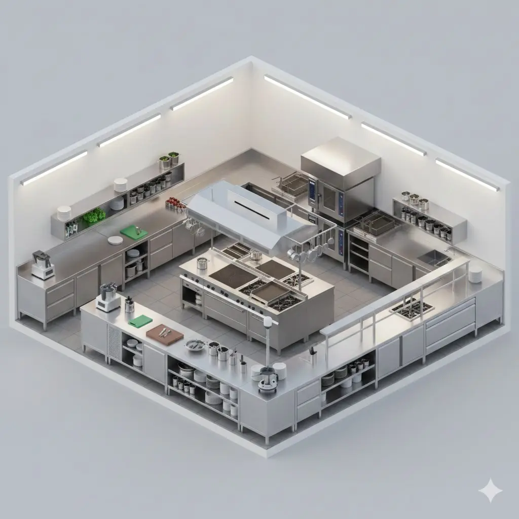 스테인리스 주방 설비와 조리 기구들이 U자형으로 완벽하게 배치된 현대적이고 깨끗한 식당 주방의 3D 조감도.