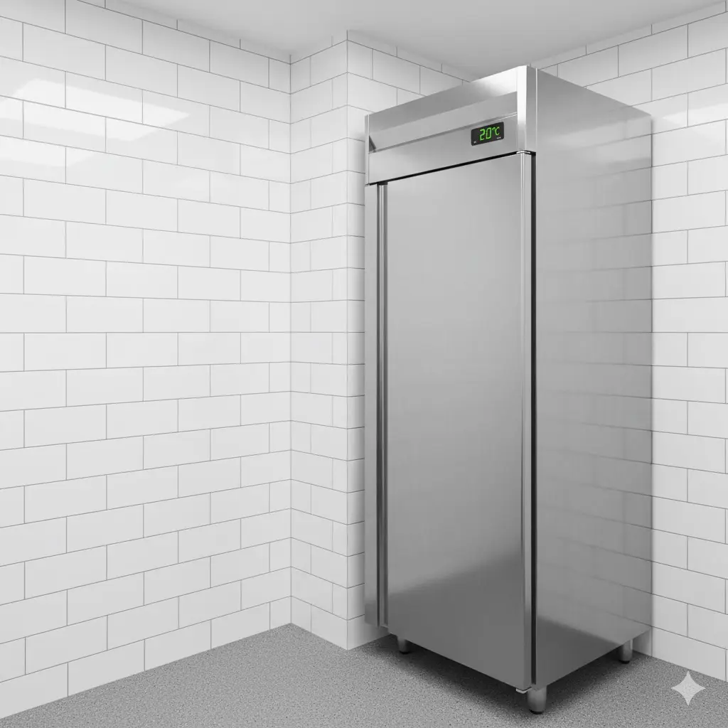 하얀 타일 벽과 회색 에폭시 바닥이 있는 주방에서 통풍을 위해 벽과 일정 간격을 두고 설치된 상업용냉장고.