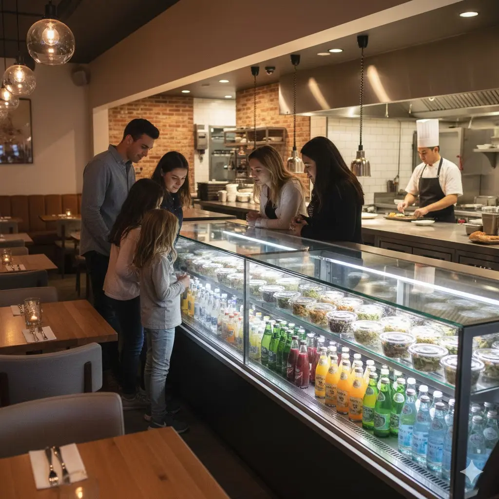 오픈 주방과 홀 사이를 구분하는 파티션 역할을 하는 긴 유리 쇼케이스 안에 반찬과 음료가 정갈하게 진열된 모습.