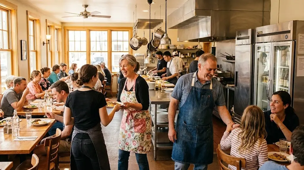 활기찬 오픈 키친 식당에서 즐겁게 웃으며 일하고 있는 사장님 부부. 효율적으로 설계된 주방 동선과 대형 상업용 스테인리스 냉장고, 식사 중인 손님들이 어우러진 따뜻한 분위기.