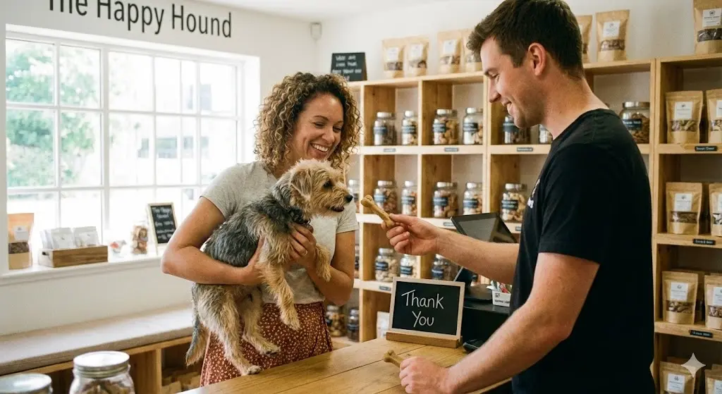 매장에서 강아지와 함께 신선한 간식을 고르며 웃고 있는 여성 고객의 모습