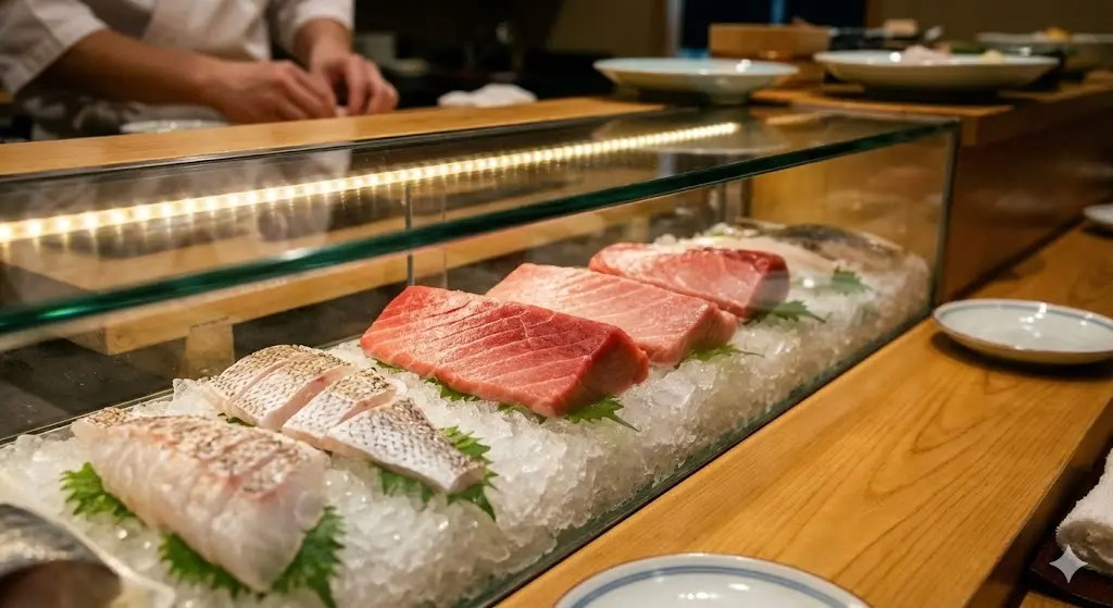 선명한 생선회가 진열된 맑은 유리 초밥 쇼케이스 전경.