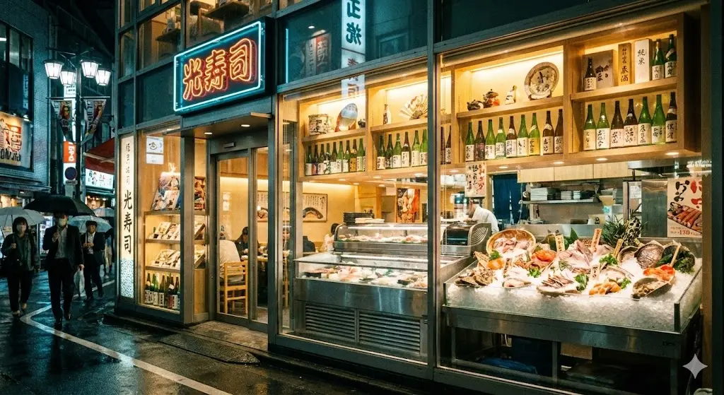 밤거리에서 일식매장 안의 화려한 진열 설비들이 훤히 보이는 외관 모습.