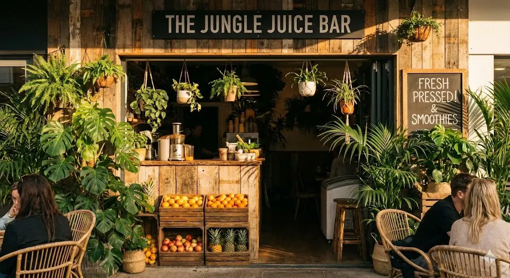 입구부터 신선함이 느껴지는 자연 친화적인 생과일주스카페 외관.