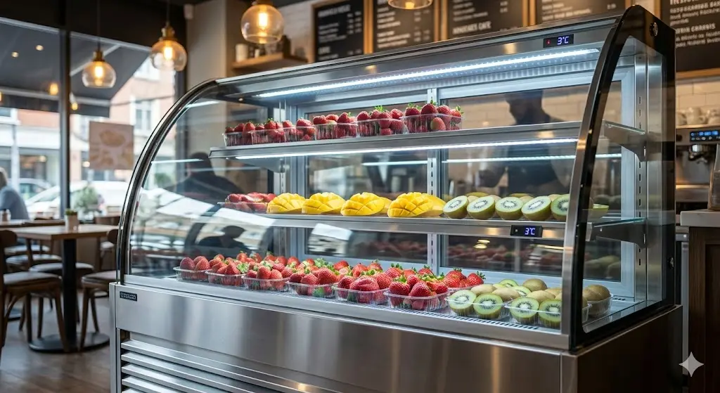 고객의 시선을 사로잡는 화려하고 청결한 과일 쇼케이스 디스플레이.