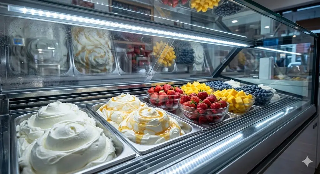 꾸덕한 그릭요거트와 신선한 과일들이 정갈하게 진열된 카페용 냉장 쇼케이스.