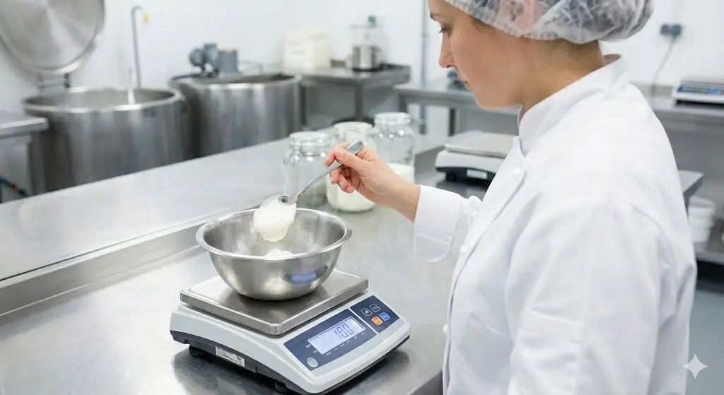 깨끗한 주방에서 그릭요거트 무게를 측정하며 품질을 관리하는 전문가의 모습.