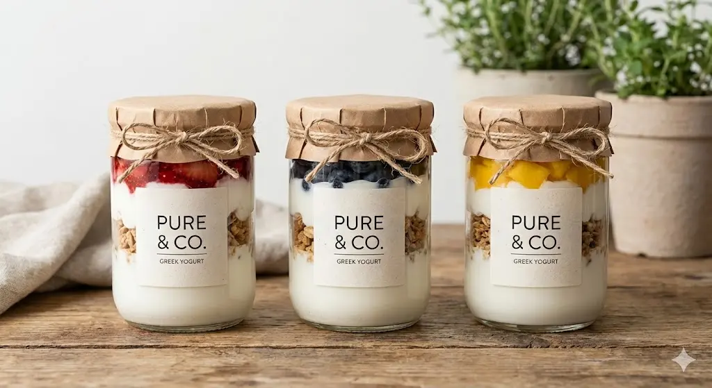 전용 로고가 붙은 친환경 유리병에 담긴 테이크아웃용 그릭요거트 제품.