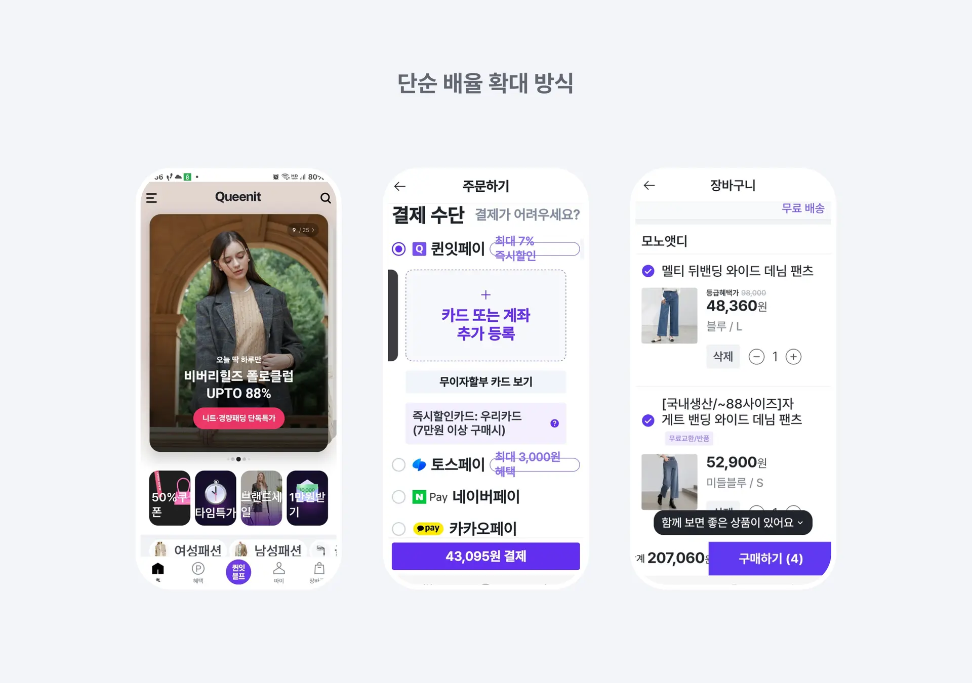 글자가 커져서 레이아웃이 깨져있는 과거 퀸잇의 주요 화면 이미지