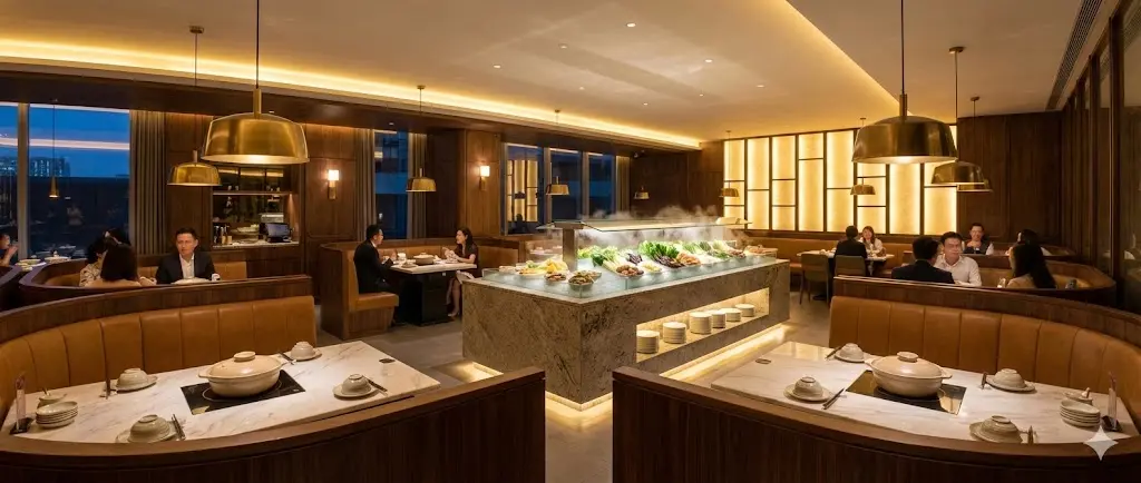고급스러운 대리석과 따뜻한 조명으로 꾸며진 프리미엄 샤브샤브 레스토랑의 전경, 중앙에 안개가 나오는 대형 샐러드바 쇼케이스가 배치되어 있다.
