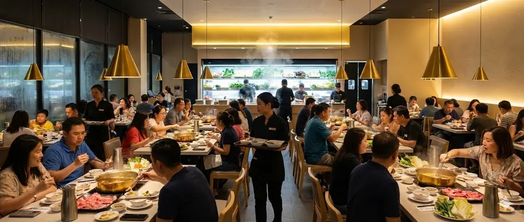 저녁 시간대 손님들로 꽉 차 활기 넘치는 프리미엄 샤브샤브 매장의 전경, 가족과 연인들이 행복하게 식사하는 모습.