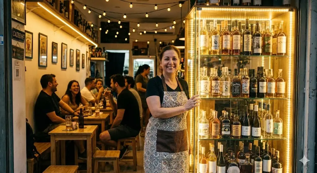 좁지만 손님으로 붐비는 매장에서 환하게 빛나는 슬림형 주류쇼케이스 옆에 서서 웃고 있는 사장님의 모습.