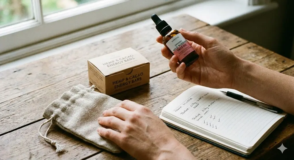 다양한 제품 샘플을 직접 꼼꼼하게 테스트하고 검증하는 손과 노트의 클로즈업