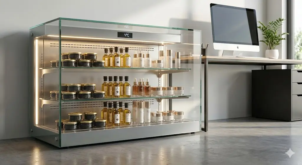 온도와 습도가 철저히 관리되는 전문 쇼케이스에 정갈하게 보관된 프리미엄 제품들