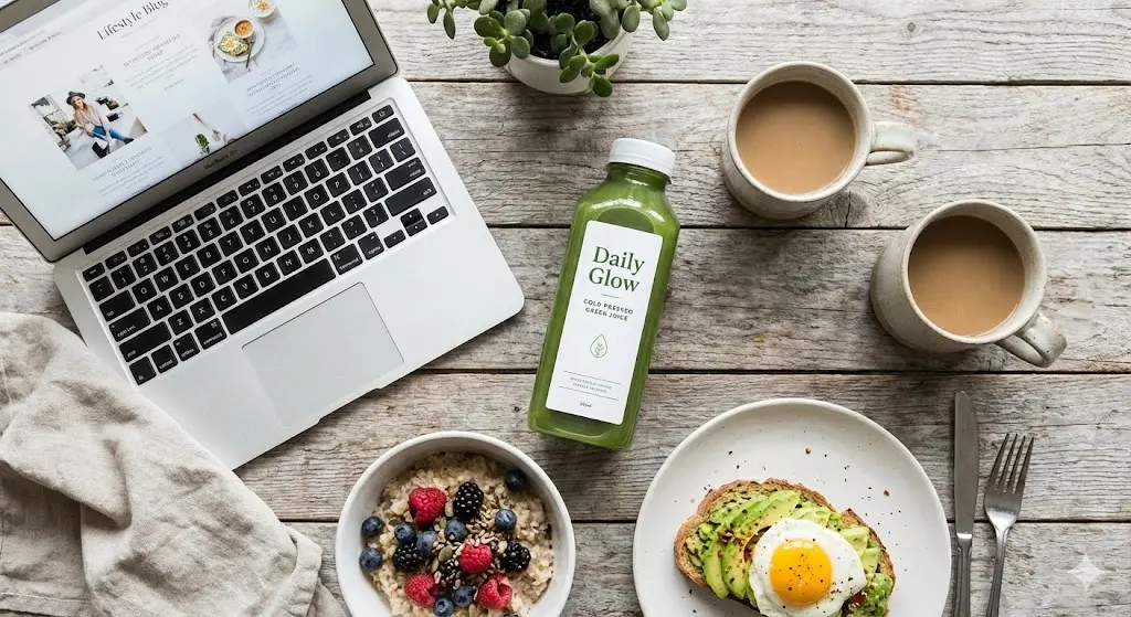 아침 식사 테이블에 자연스럽게 놓인 공동구매 예정 제품의 감성적인 플랫레이 사진