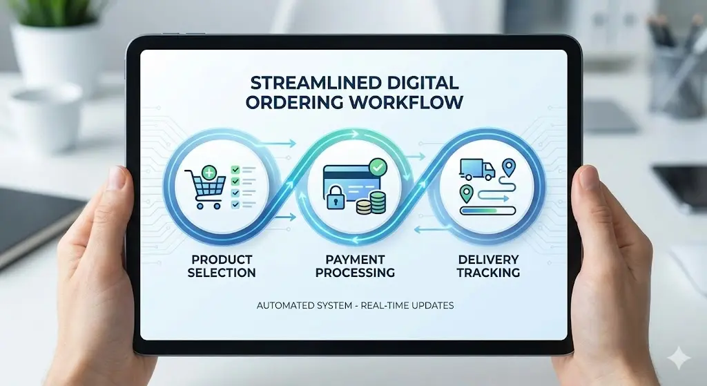 태블릿 화면에 표시된 공동구매 주문, 결제, 배송 자동화 시스템의 흐름도