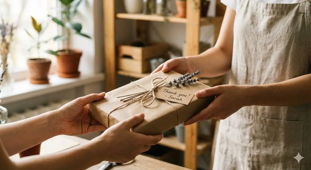 따뜻한 햇살이 드는 공간에서 판매자가 정성스럽게 포장된 제품과 손편지를 고객에게 직접 건네는 손 클로즈업 사진