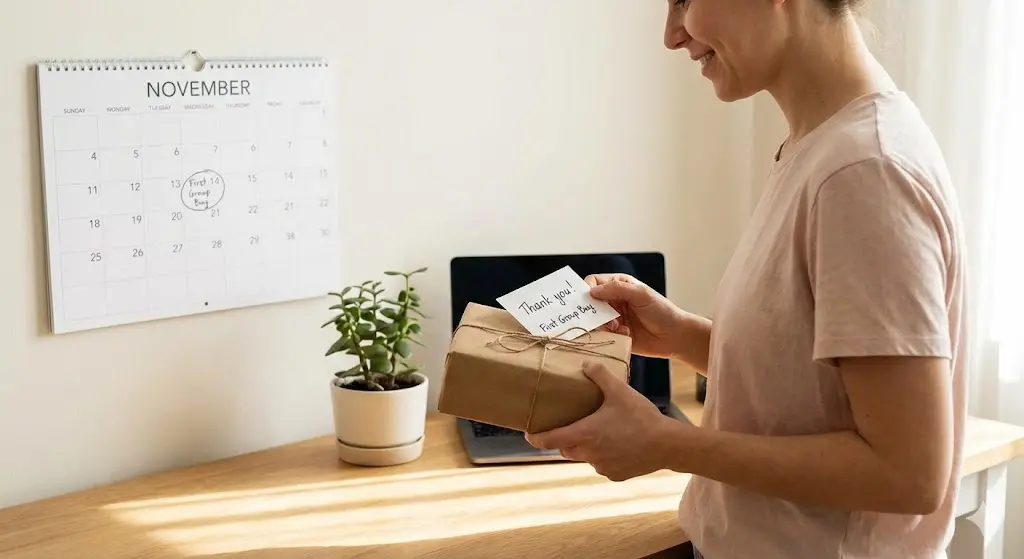 첫 공동구매 발송을 앞두고 정성스럽게 포장된 택배 상자를 들고 있는 손