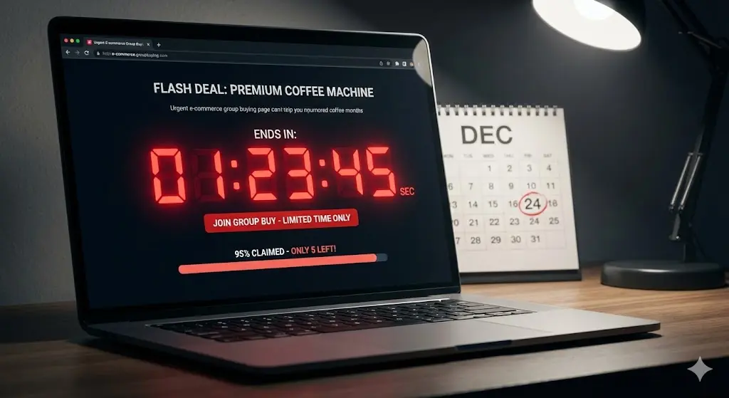 노트북 화면에 '기간 한정(LIMITED TIME ONLY)' 문구와 함께 붉은색 카운트다운 타이머가 긴박하게 흘러가는 이커머스 공동구매 페이지 모습