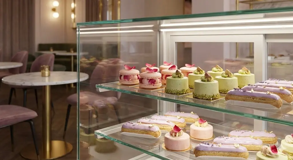 세련된 디자인의 냉장 쇼케이스에 진열된 프리미엄 디저트