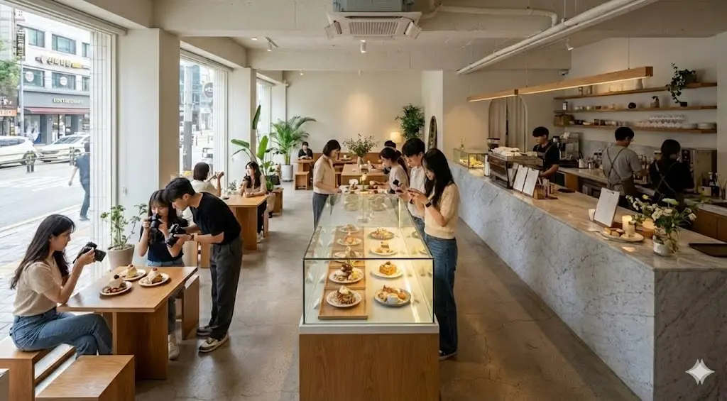 따뜻한 조명과 미니멀한 인테리어로 꾸며진 성수동 스타일의 수제디저트 카페 내부 전경