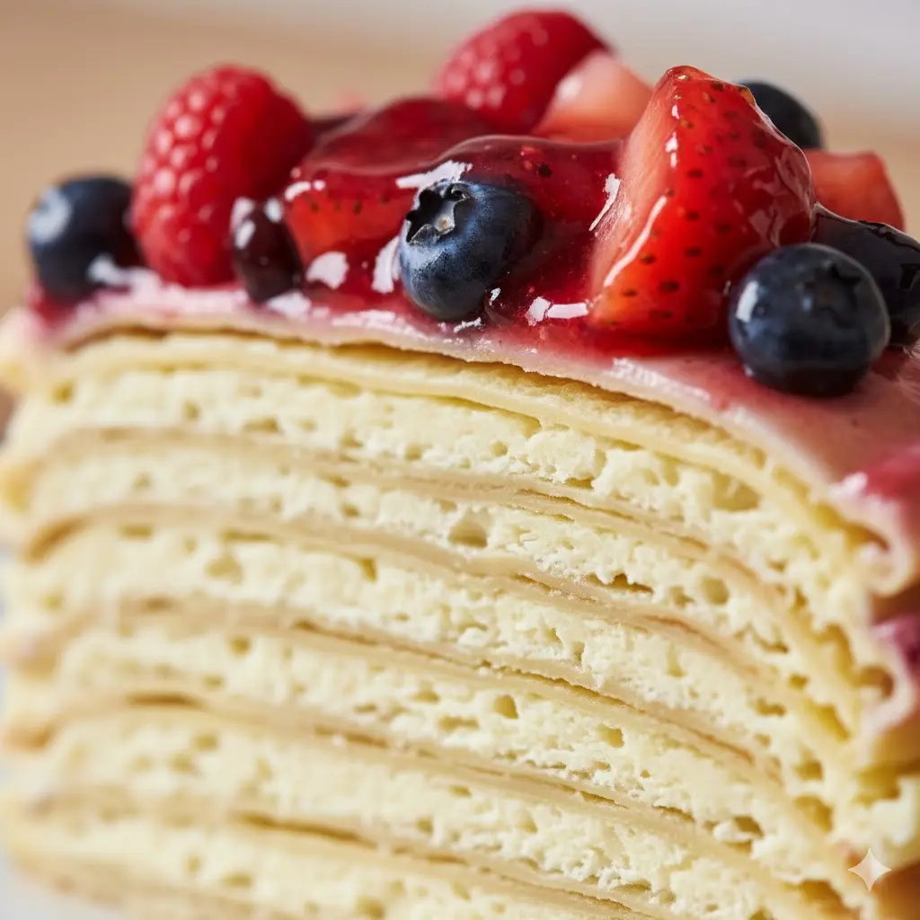 겹겹이 쌓인 크레이프와 부드러운 크림의 질감이 생생하게 느껴지는 수제 조각 케이크 단면 사진