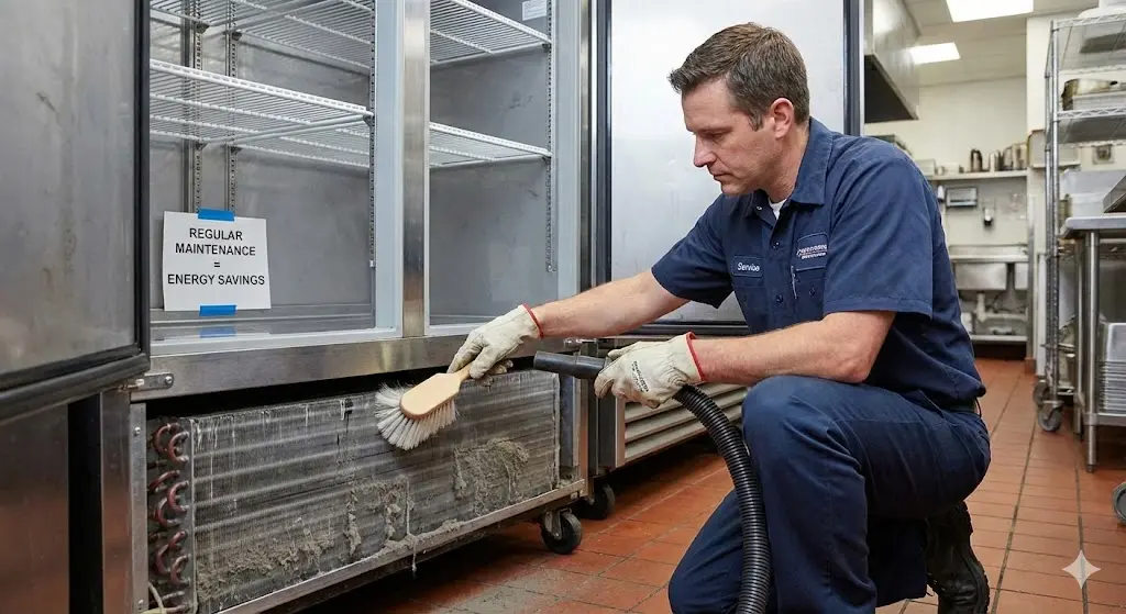 쇼케이스의 에너지 효율을 높이기 위해 하단 먼지 필터를 꼼꼼하게 청소하는 모습