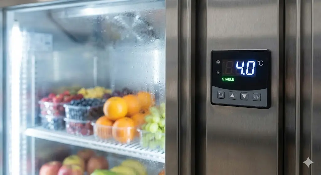 과일의 신선도를 위해 적정 온도가 일정하게 유지되고 있는 쇼케이스의 온도 조절기 화면