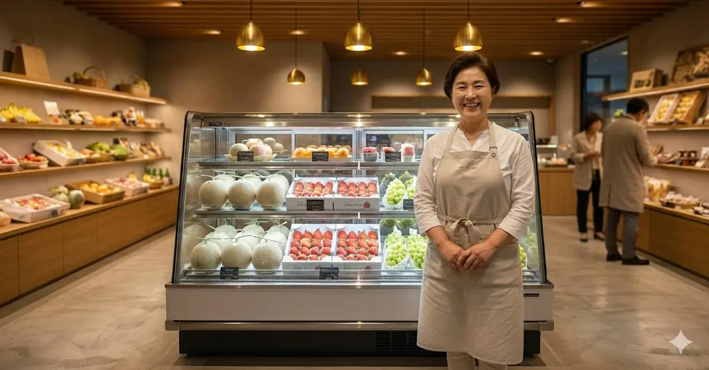 스마트한 선택으로 비용을 절약하고 성공적으로 과일 매장을 운영 중인 사장님의 미소