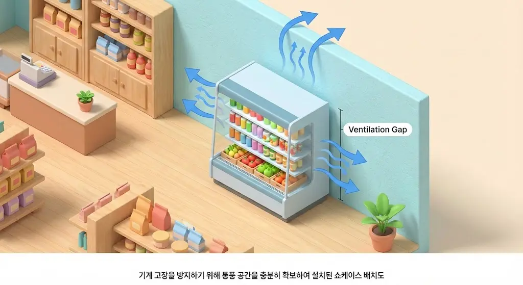 기계 고장을 방지하기 위해 통풍 공간을 충분히 확보하여 설치된 쇼케이스 배치도