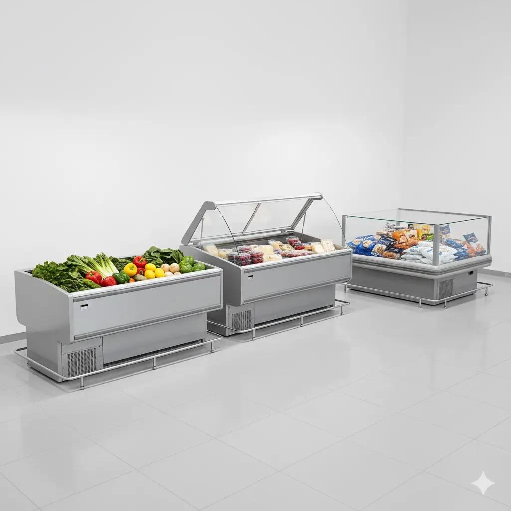 평대 쇼케이스의 세 가지 주요 타입을 보여주는 매장 진열 모습