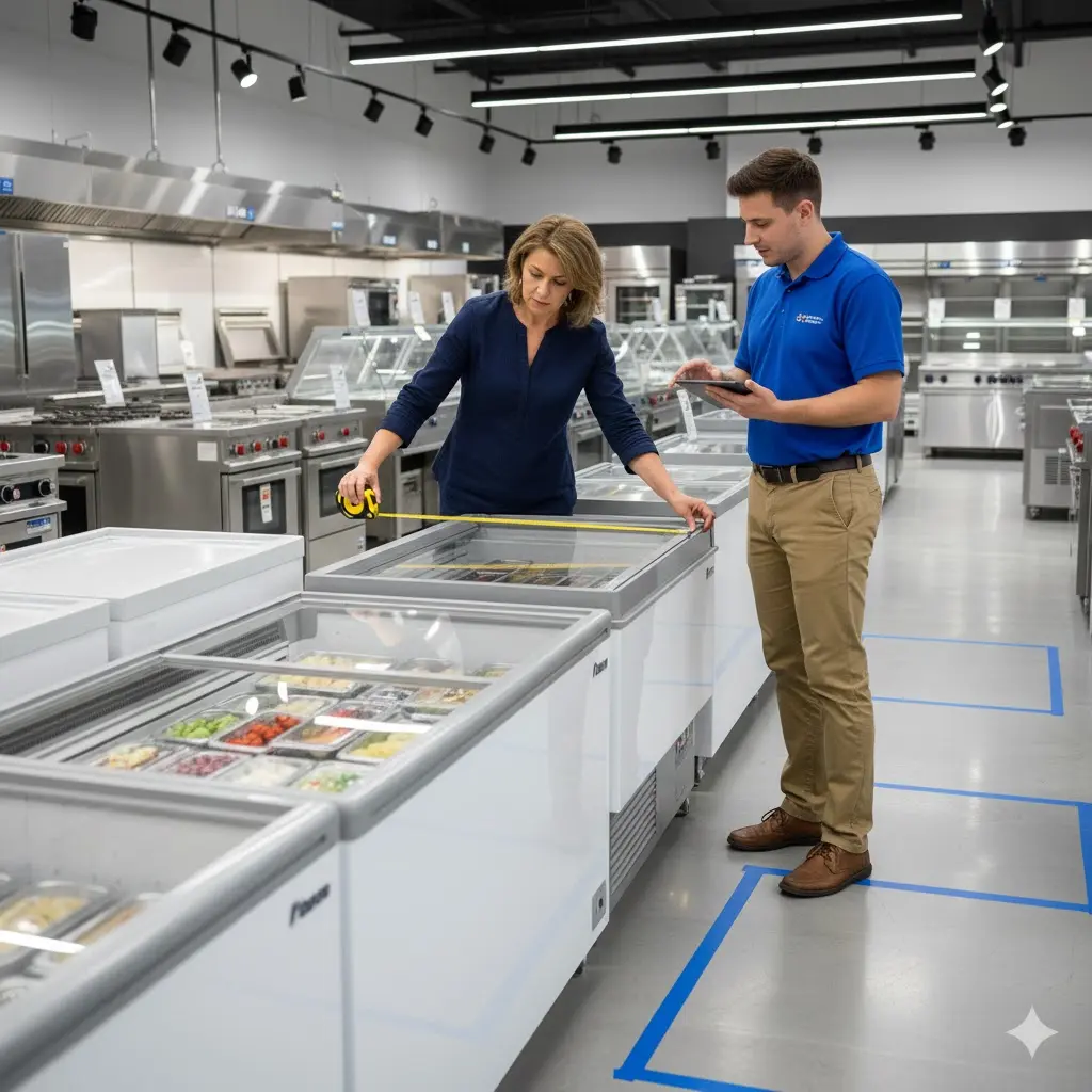 매장 크기에 맞는 평대 쇼케이스 사이즈를 확인하는 모습