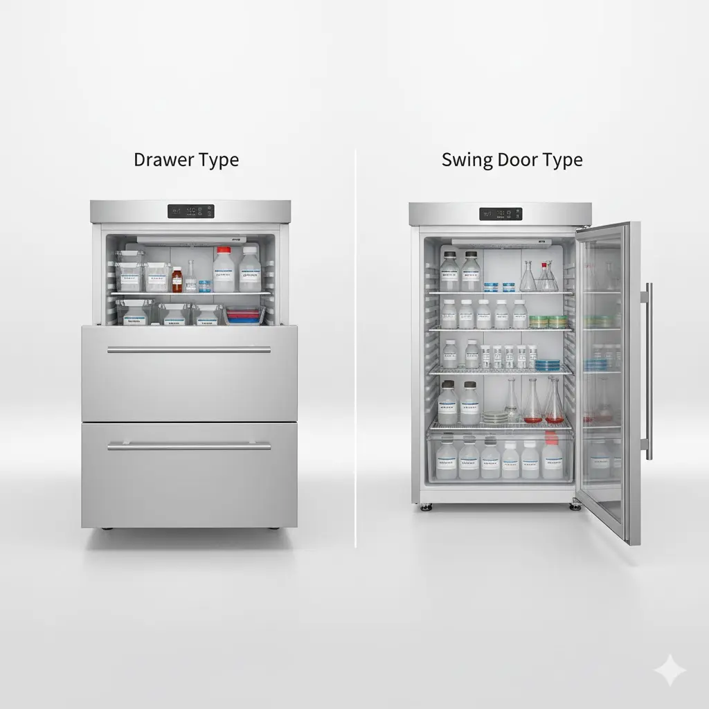 서랍형과 도어형 테이블 냉장고의 형태 비교 이미지