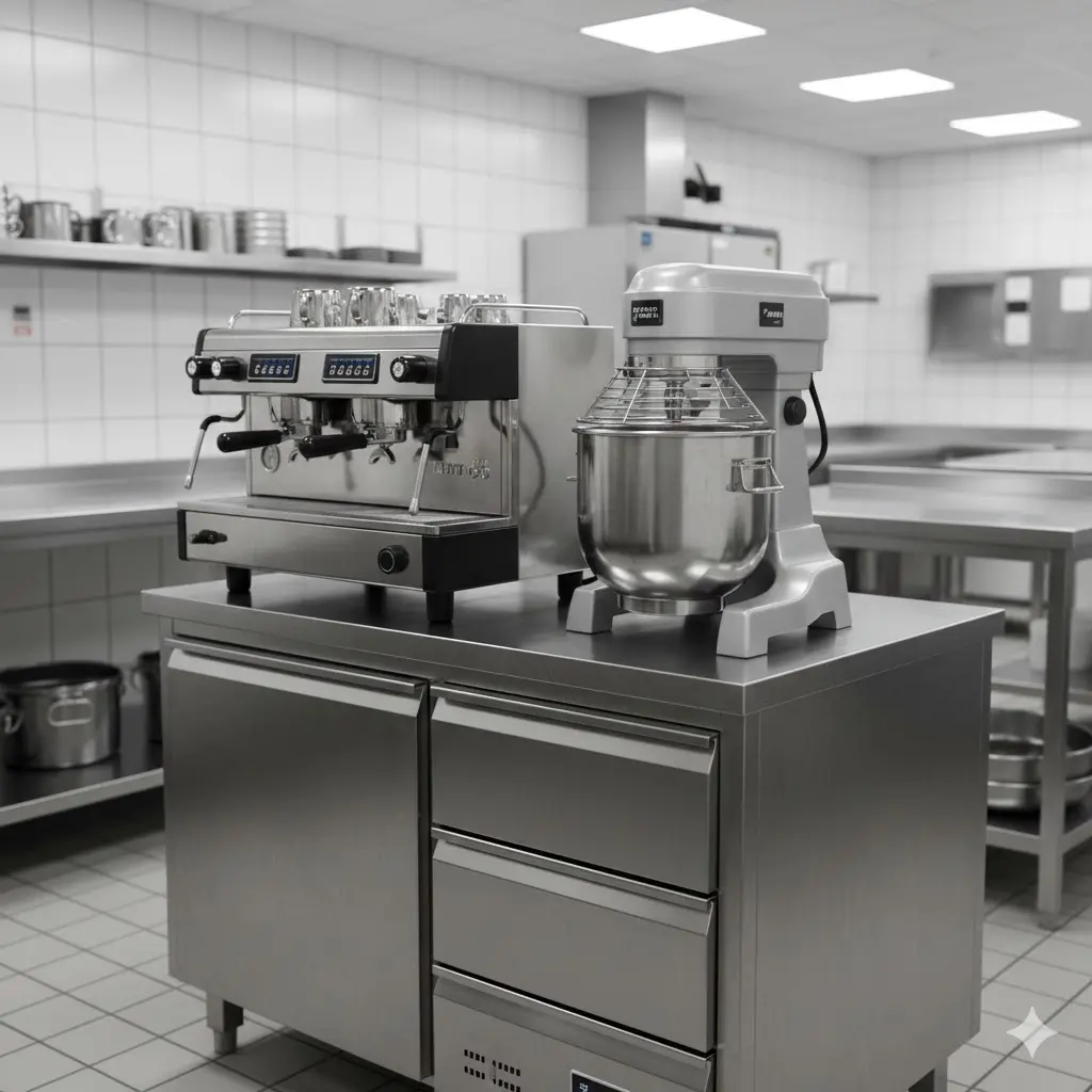 튼튼한 상판 위에 커피 머신 등 무거운 장비를 올린 활용 사례 이미지