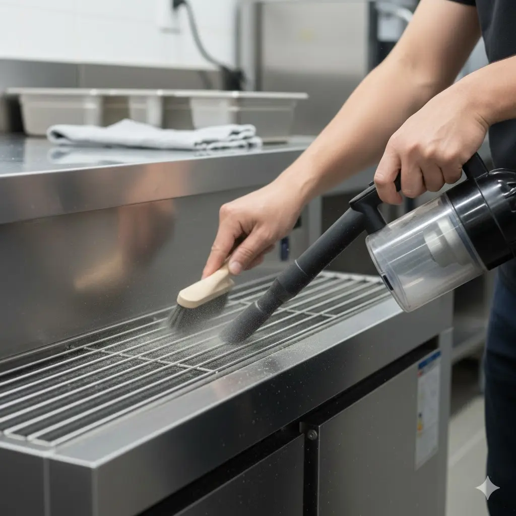 쇼케이스 수명을 늘리기 위해 하단 통풍구의 먼지를 청소하는 모습