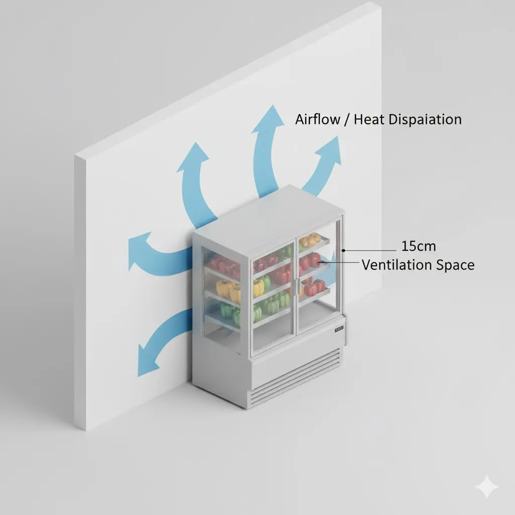 열기 배출을 위해 벽면과 적정 간격을 유지하여 설치된 쇼케이스 배치 안내도