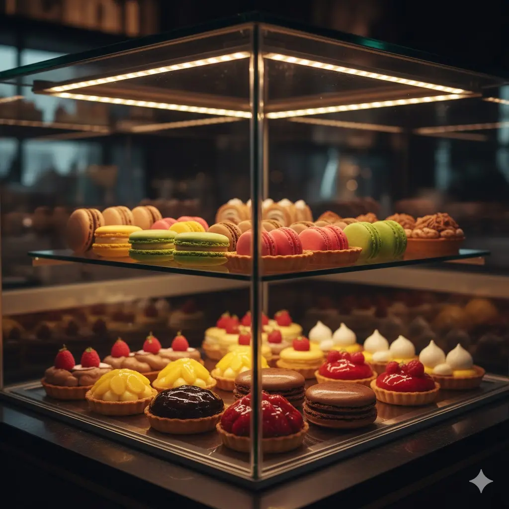 따뜻한 LED 조명을 받아 더욱 먹음직스럽게 보이는 사면 유리 쇼케이스 내부 디저트