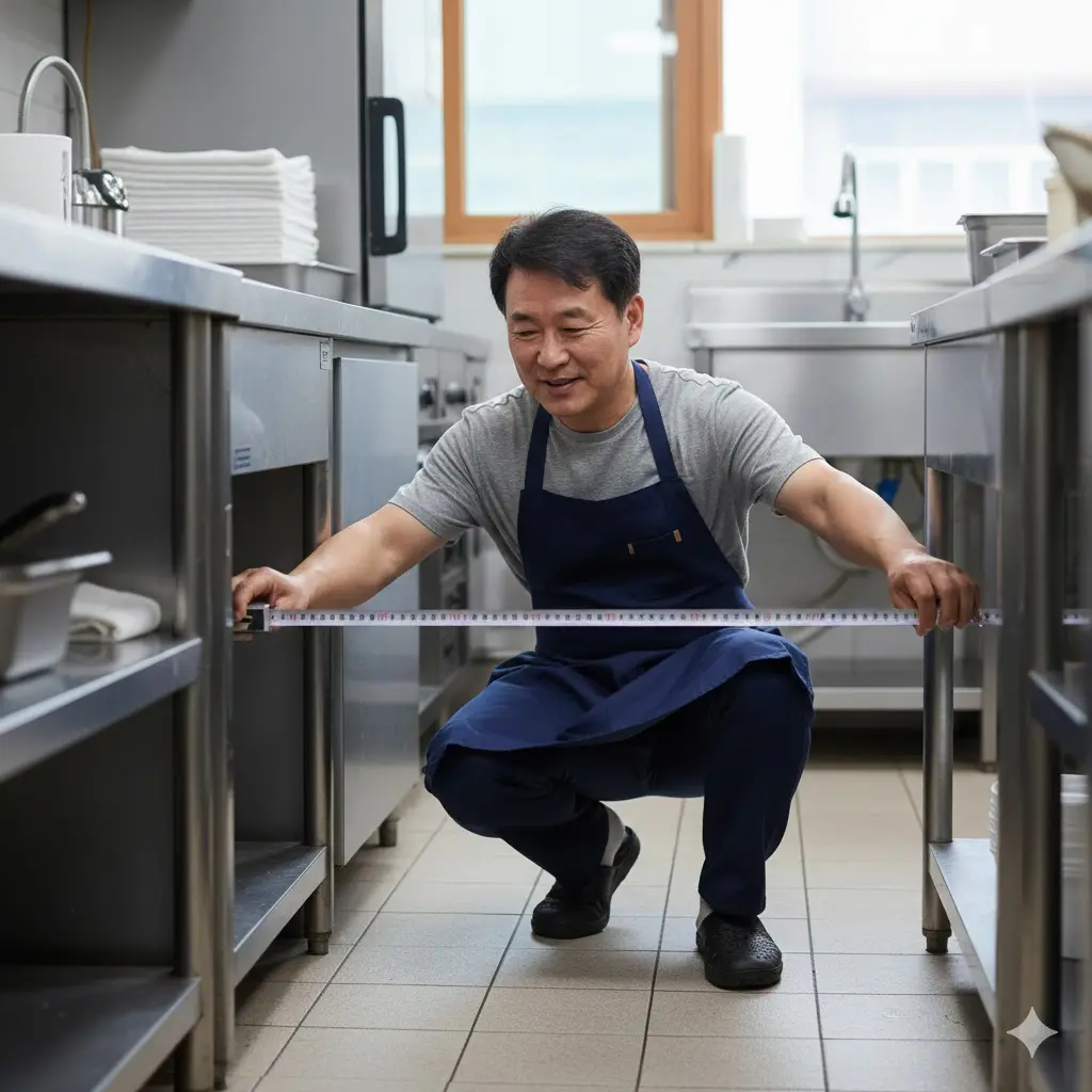 주방 공간에 냉장고를 놓기 위해 줄자로 치수를 재는 사장님의 모습