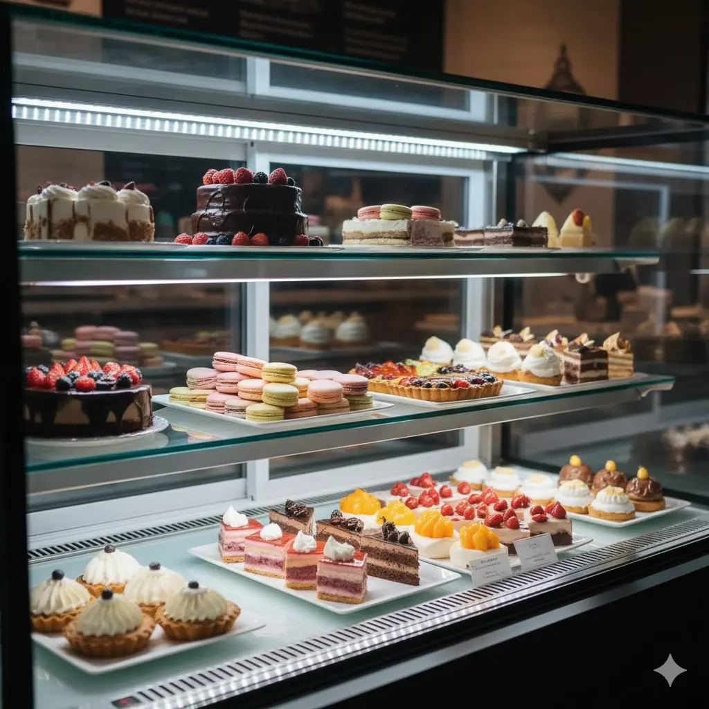 밝은 LED 조명 아래 케이크와 디저트가 먹음직스럽게 진열된 쇼케이스 냉장고