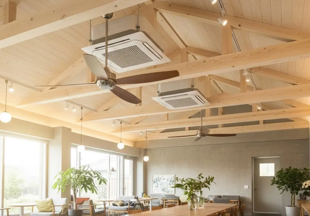 에너지 효율을 높이기 위해 설치된 카페 천장 실링팬과 냉난방기