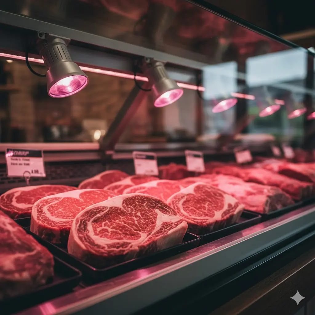고기의 선도와 색감을 살려주는 정육점 전용 핑크 LED 조명 연출
