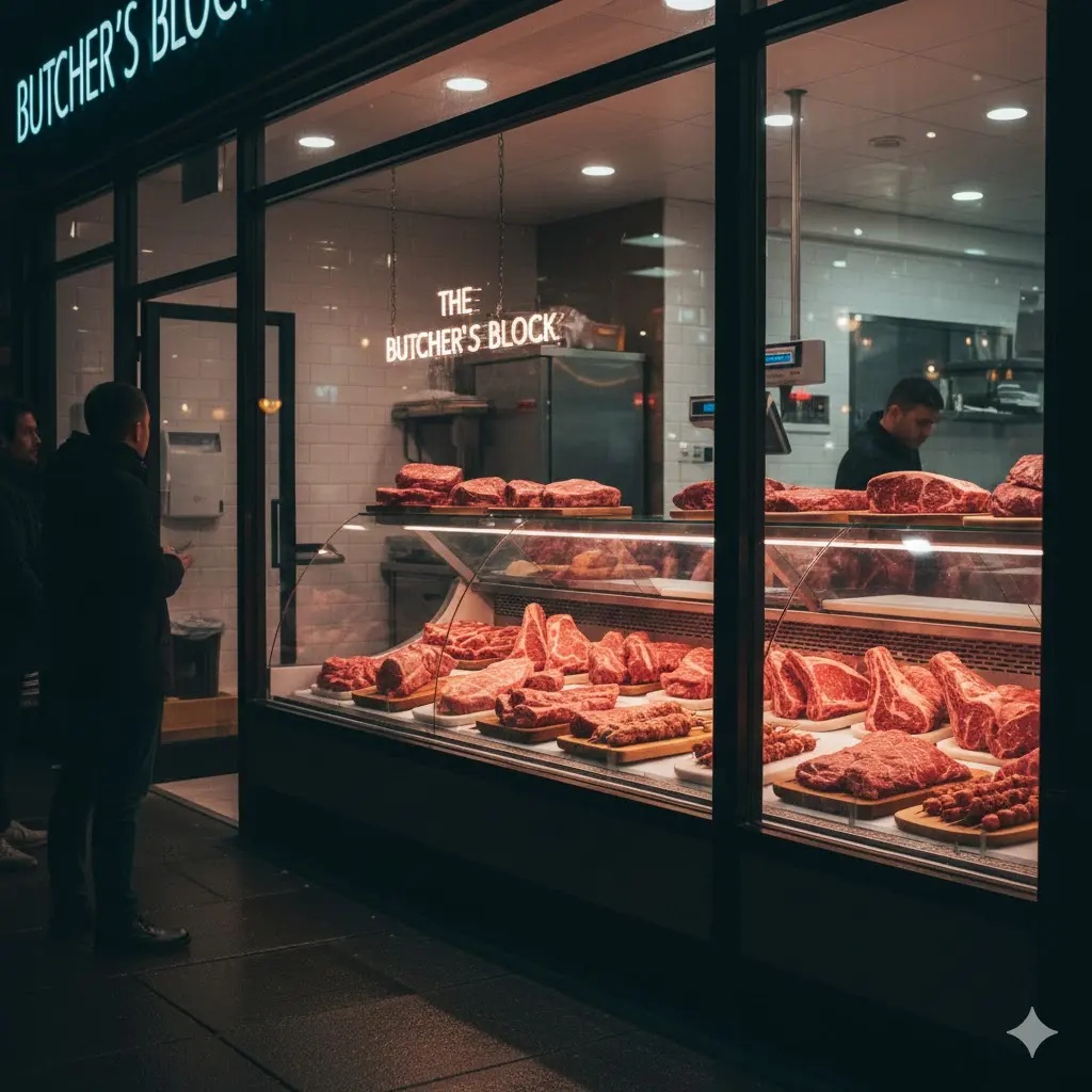 매장 밖에서도 고기가 잘 보이도록 배치된 쇼케이스의 전략적 위치