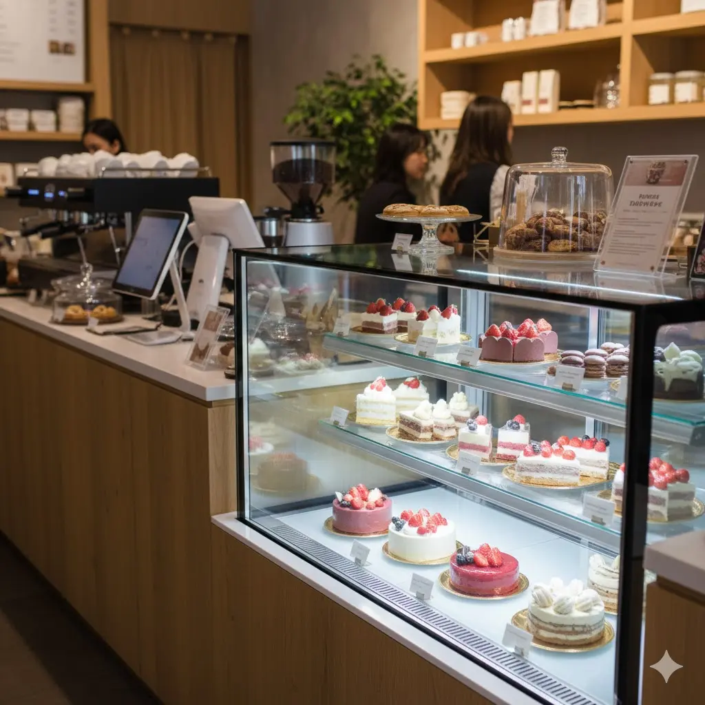 추가 구매를 유도하기 위해 카운터 옆에 전략적으로 배치된 디저트 쇼케이스