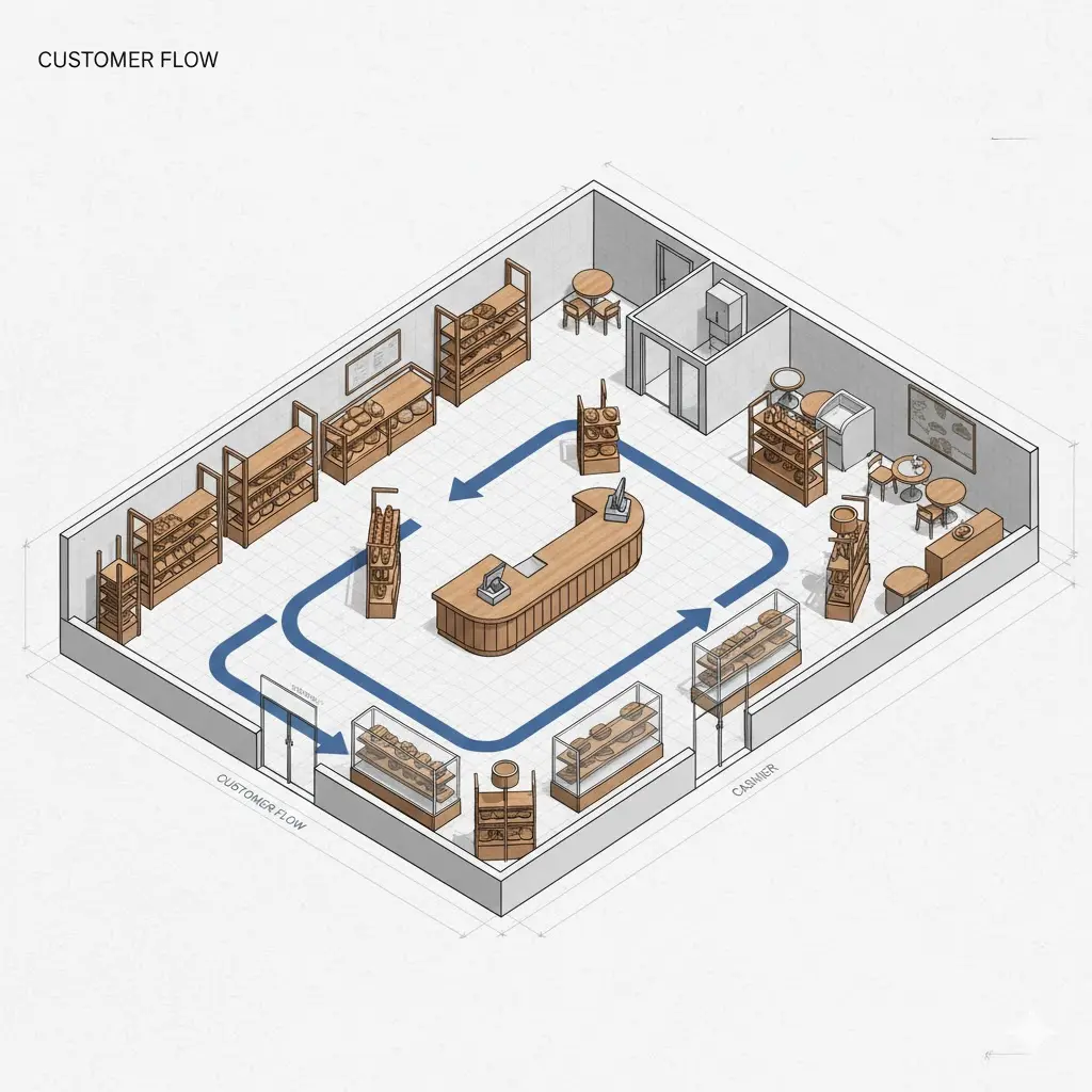 베이커리 창업 비용을 아끼기 위해 꼼꼼하게 검토 중인 인테리어 도면과 샘플